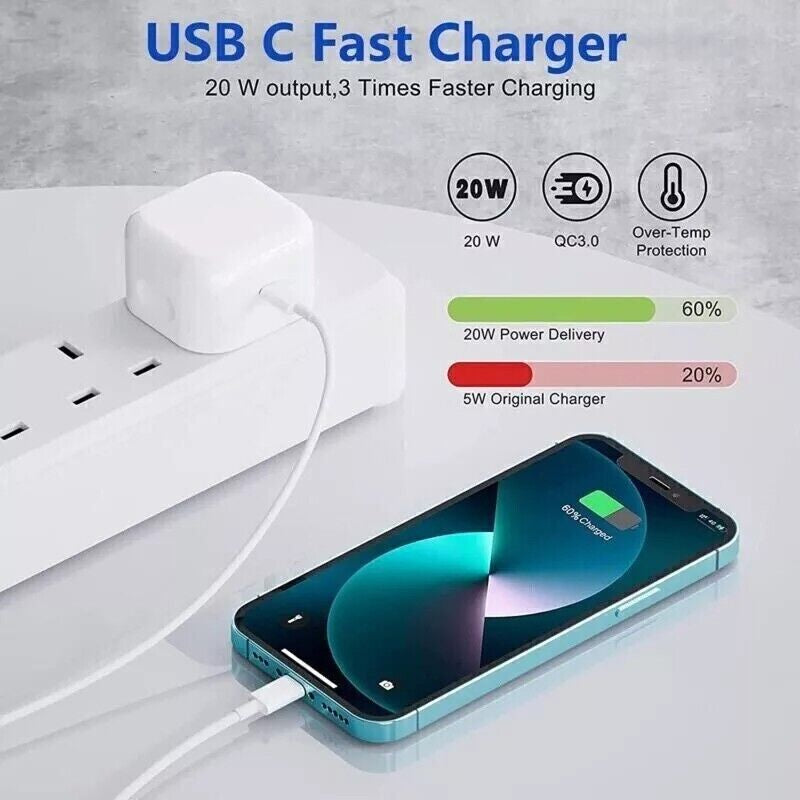 For Iphone 14 13 12 11 Pro XR XS Fast Charging 20W USB-C PD Plug Charger Cable