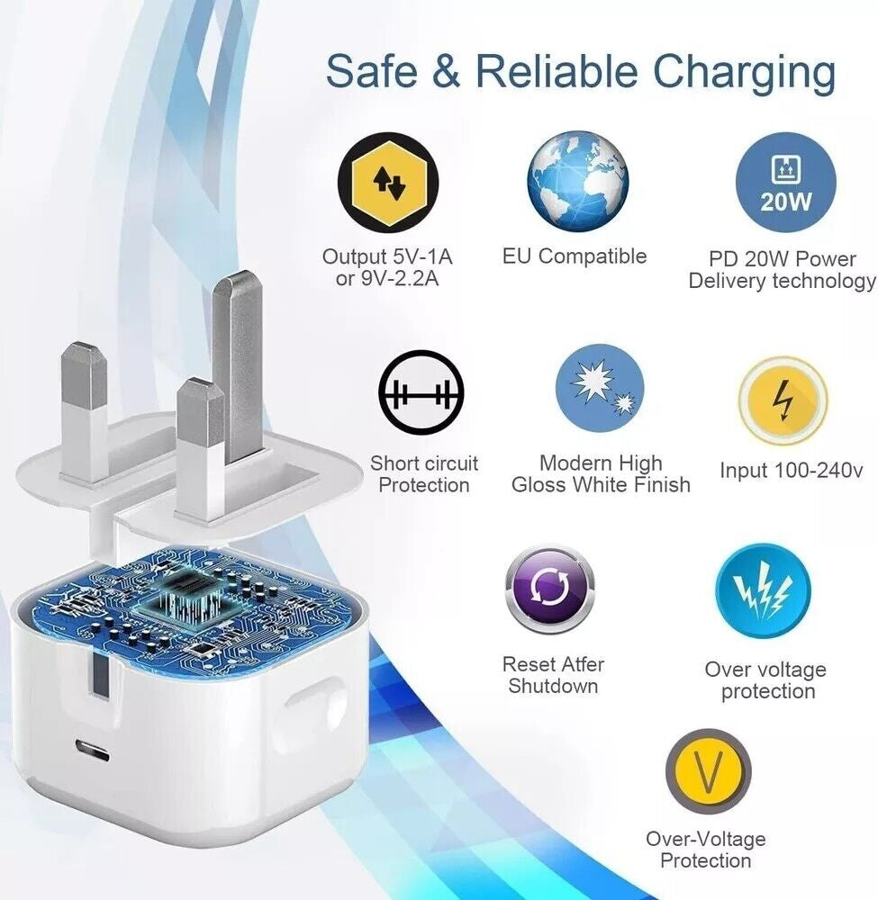 For Iphone 14 13 12 11 Pro XR XS Fast Charging 20W USB-C PD Plug Charger Cable